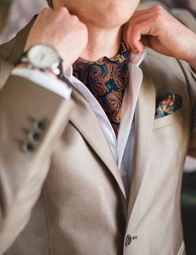 Image of Barry.Wang Ascot Ties Cravat Tie Men Paisley Plaid Scarf Self Tie Pocket Square Cufflinks Set Wedding Party