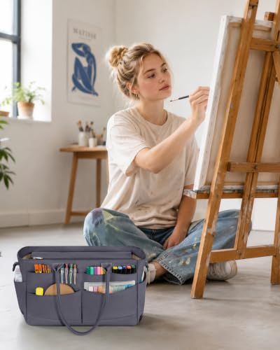 Image of Marscamd Craft Organizer Tote Bag, Art Supply Caddy, Gray | with 11 Exterior Pockets, Zip-Top Closure, Detachable Shoulder Strap, Large Capacity for Art, Crafts & Sewing