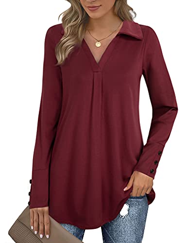 Vivilli V Neck Long Tunics For Women, Ladies Tunic Tops Long Sleeve Winter Cotton Maternity Tops For Work Dressy Tops Office Blouses Elegant Loose High Low Fall For Leggings Dark Red Xl #TOP1