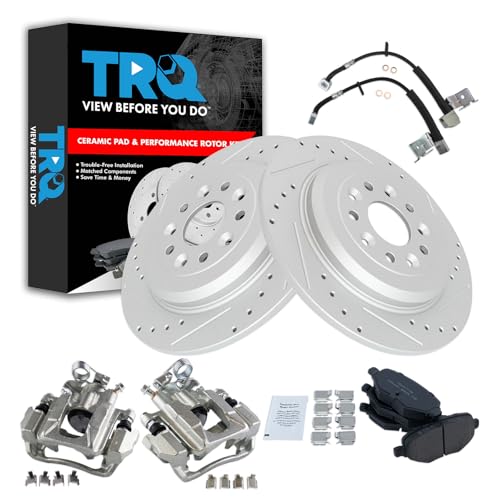 Image of TRQ Performance Rear Brake Pad and Rotor Set Ceramic Drilled Slotted Rotors Calipers Compatible with 2011 Ford Explorer