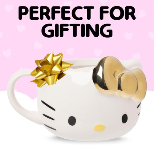 Image of Silver Buffalo Sanrio Hello Kitty Gold Chrome Bow, 3D Sculpted Mug, 20oz | Reflective Finish, Ceramic, 0.59 Liters