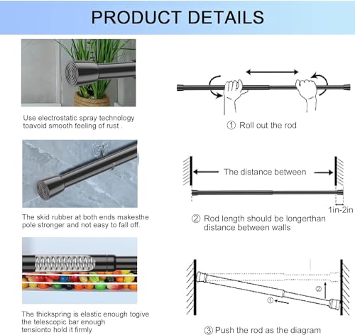 Aizesi TENSIONROD 2 Pack Tension Rods Spring Tension Curtain Rod, 26 To 39 Inch Adjustable Black Tension Rod thumb #6