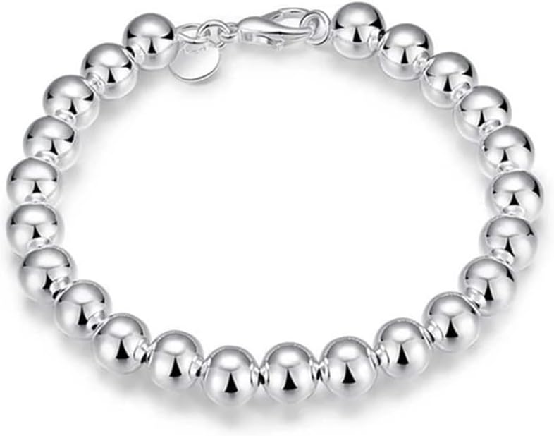 925 Sterling Silver Beaded Bracelet, Round Ball Chain, Lobster Clasp