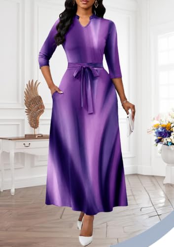Image of BubFee Maxi Dresses for Women Semi Formal Long Dress 3 /4 Sleeve Casual A-line Church Dresses with Pockets