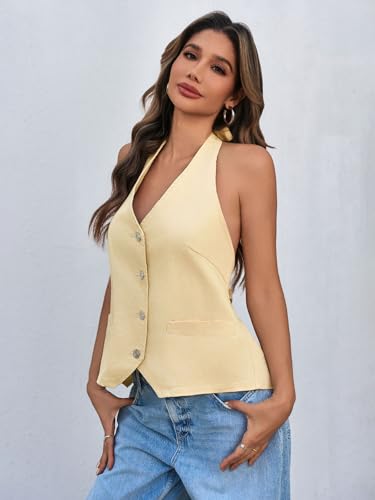 Image of Tankaneo Womens Halter Denim Vest Tops Summer Sleeveless Open Back Y2K Going Out Jean Tank Tops V Neck Button Up Waistcoat