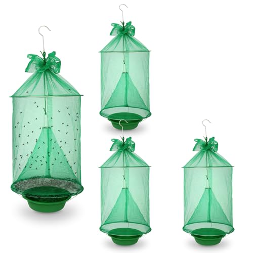 4 Pack Reusable Ranch Fly Trap Hanging, Fly Traps Outdoor Fly Catcher Killer Hunter Cage Control, Farm Horse Stable Fly Trap for Orchard, Barn, Garden
