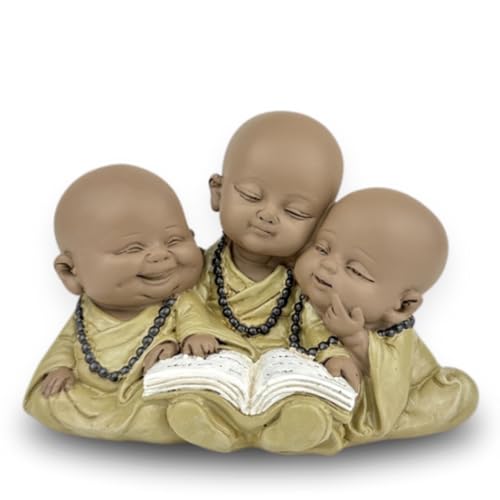 Statue 3 Buddhas Bonze Reading - Inspirational and Cheerful Figure - Lucky Charm Positivity Concentration - H 9 cm - Zen'Light, Brown & Beige