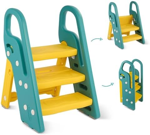 Onasti Tritthocker für Kinder, 2 Stufen - 3 Stufen Höhenverstellbar Kinderschemel, Trittschemel für Baby, Lernturm mit Handhaben, Faltbar, Multifunktional, für Bad, Kleinkinderzimm