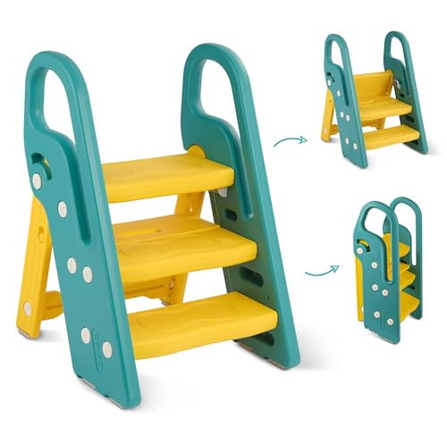 Onasti Tritthocker für Kinder, 2 Stufen - 3 Stufen Höhenverstellbar Kinderschemel, Trittschemel für Baby, Lernturm mit Handhaben, Faltbar, Multifunktional, für Bad, Kleinkinderzimmer, Küche (Grün)