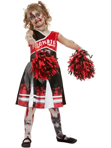Smiffys Zombie Cheerleader Costume, Red with Dress & Pom Poms, Halloween Child Fancy Dress, Zombie Dress Up Costumes