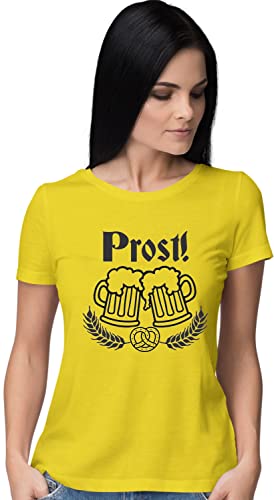 Go All Out Large Yellow Womens Prost! Oktoberfest German Cheers T-Shirt