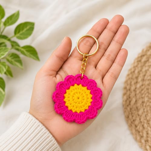 Image of Handmade Crochet Keychain for Women & Girls, Cute Yarn Key Ring, Bag Charm, Car Key Holder & Gift, Aesthetic Handmade Floral Accessory