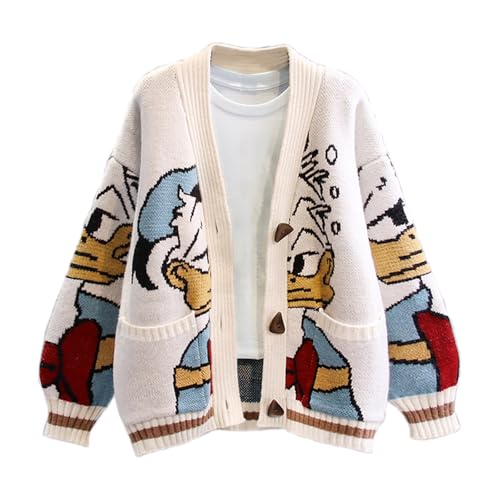 Womens Button Down Slouchy Wool Blend Coat Fall Cute Embroidery Cartoon Duck Cable Knit Cardigans Sweater with Pockets