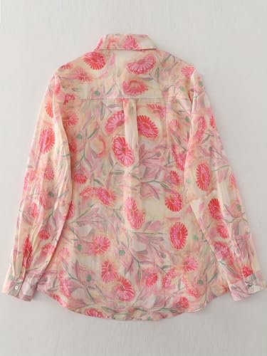 Image of Womens Cotton Floral Button Down Shirt Lightweight Long Sleeve Casual Blouse Collared Top with Pink Flower Print for Office Wear Daily Outfits Travel Brunch and Comfortable Everyday Use