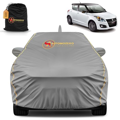 Image of Maruti Suzuki Swift 100% Waterproof Car Cover for All Weather Protection with Mirror & Antena Pocket Inner Cotton Triple Stitched Adjustable Belt Bottom Elastic Cover to Secure Fit -Grey