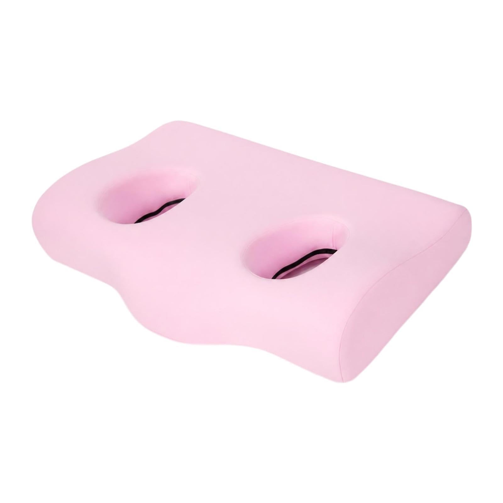 Oreiller avec trou pour les oreilles et housse rose en mousse à mémoire de forme