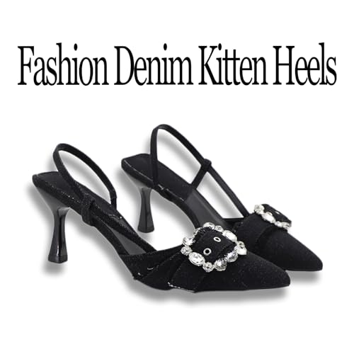 Women's Rhinestone Denim Cloth Kitten Heels Pumps Fashion Closed Pointed Toe Slip-On Slingback Low Heel Dress Sandals for Wedding Party Evening3