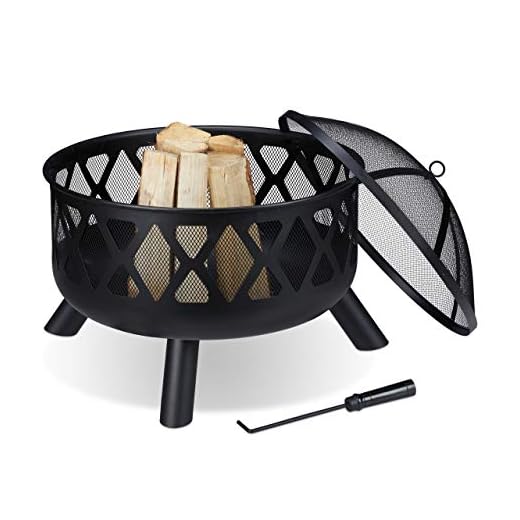 Relaxdays Brasero Exterior con Protector Antichispas, Cuenco Fuego Jardín y Terraza, Atizador, Acero, Ø 62 cm, Negro