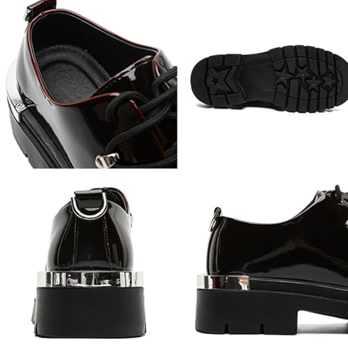 Men's Patent Leather Gradient Metal-Plate Platform Oxfords Classic Round Toe Lace Up Chunky Heel Anti-Slip Lug Sole Heighten Derby Shoes3