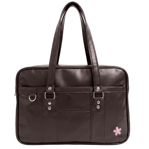Bolso de mano japonés de cuero negro de gran capacidad con flores bordadas para escuela