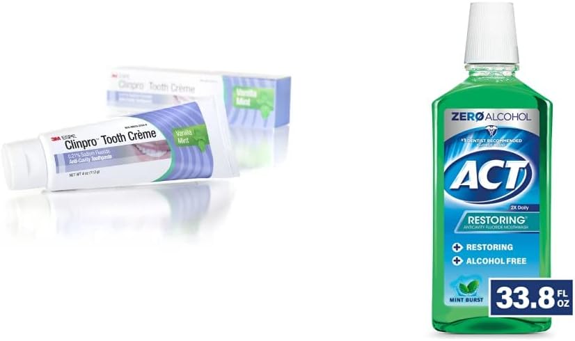 Clinpro Tooth Creme 0.21% Sodium Fluoride Anti Cavity Toothpaste, Vanilla Mint & ACT Restoring Zero Alcohol Fluoride Mouthwash 33.8 fl. oz. Strengthens Tooth Enamel, Mint Burst