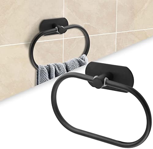 Litoexpe Self Adhesive Towel Ring Matte Black, Oval Shaped Modern Hand Towel Holder, Stainless Steel Adhesive Hand Towel Hanger for Bathroom & Kithen Wall Mount (No Drilling)