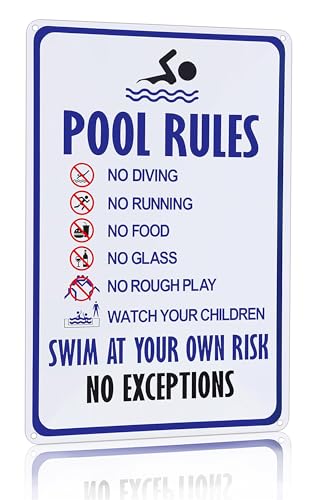 Crazysign Letrero de reglas de piscina, advertencia de natación bajo tu propio riesgo, letrero vintage de lata para piscina, parque acuático, decoración de playa, 8 x 12 pulgadas (3097)