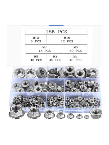 185 Pcs Hex Flange Nuts, Flanged Lock-Nuts, Serrated Flange Hex Nuts Set for Furniture, Wood, Metal, Automotive, M3 M4 M5 M6 M8 M10 M12