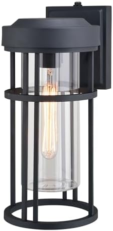 VAXCEL Crestline 14 in. H 1-Light Textured Black Dusk to Dawn Sensor Outdoor Wall Sconce, Rust-Resistant Aluminum, Clear Glass Shade, LED Compatible for Exterior Porch Patio Front Door or Garage