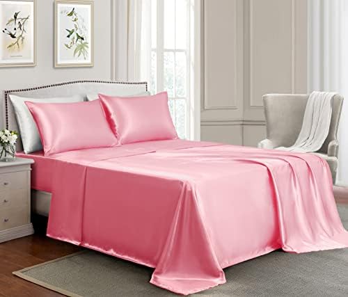 GOLAL Satin Sheets King Size - 4 Pieces Luxury Silky Soft Bed Sheets, Wrinkle-Free Pink Satin Silk Sheet Set with 1 Deep Pocket Fitted Sheet, 1 Flat Sheet, 2 Pillow Cases
