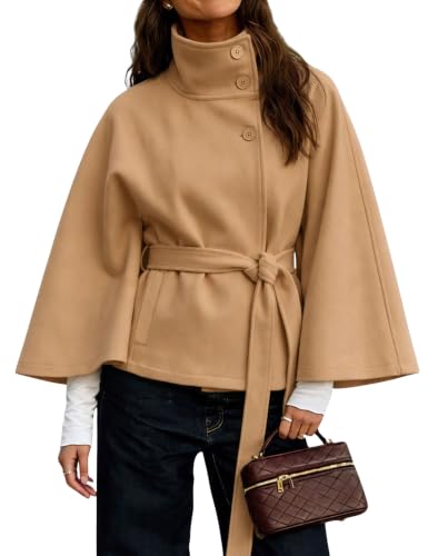 Image of Hooever Women Batwing Sleeve Ponchos Pea Coat Wool Blend Stand Collar Jacket Winter Cropped Overcoat(Khaki-S)