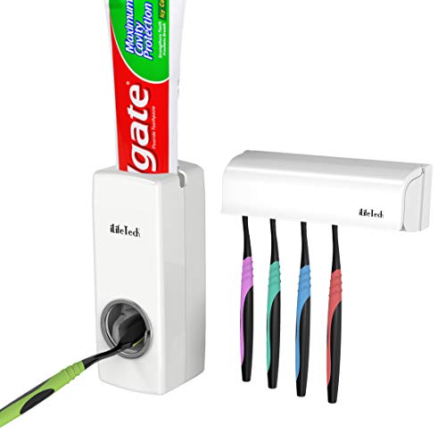 iLifeTech Dispensador de Pasta de Dientes y Soporte para cepillos de Dientes. Set de accesorios para baño multifuncional de montaje en pared y con tapa antipolvo.