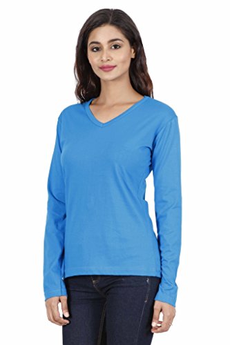Image of FLEXIMAA Women's Cotton Plain V Neck Full Sleeve T-Shirt