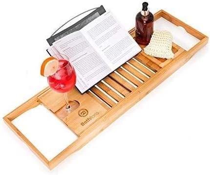 Bathforia Bath Caddy, Extendable Bath Tray for Bathtub with Wine Glass, Candle, iPad, Book and Phone Holders- Luxury Bathroom Home Spa Organizer