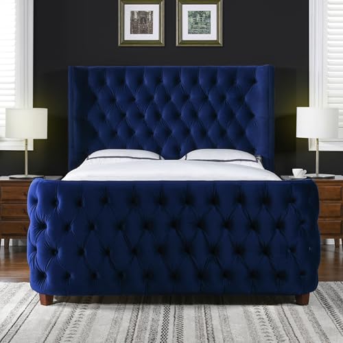King Tufted Panel Bed Headboard and Footboard Set, Blue Velvet