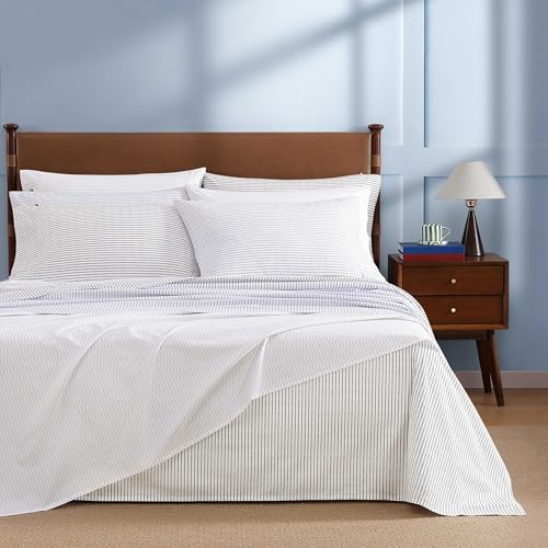 Image of Tommy Hilfiger - Twin Size Sheet Set, Crisp & Tailored Cooling Sheets with a Smooth Cotton Percale Lightweight Feel - Bed Sheets with Matching Pillowcase & Fitted Sheet (Monogram Stripe Grey)
