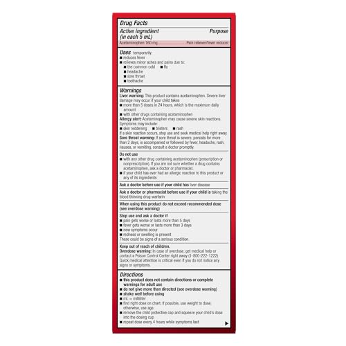 Image of Amazon Basic Care Children's Pain and Fever, Acetaminophen 160 mg per 5 mL Oral Suspension, Dye-Free Cherry Flavor, 8 fl oz
