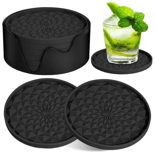 AUAUY 6 Piezas Posavasos de Silicona, Antideslizante Aislante Redonda Posavasos Diseño Engrosado (0,28 Pulgadas) con Base para Tazas Café, Tazas Té, Vasos - Negro