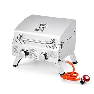 ROVSUN 2 Burner Portable Tabletop Gas BBQ, 15000BTU Stainless Steel Barbecue Grill, Outdoor Grill with Lid, Thermometer & Foldable Legs, Easy Carry for Camping Home Patio Party, Silver