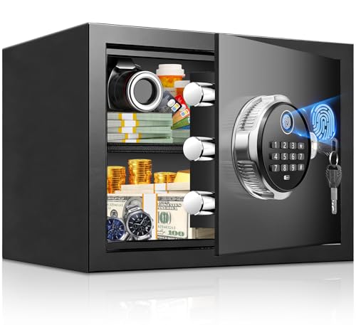 1.25 Cu Ft Fingerprint Safe for Home, Biometric Home Safe Box with Digital Keypad & Backup Keys, Large Steel Security Safe with Alarm System, Removable Shelf & LED Light for Cash Jewelry Documents by RXUJYC - Used condition - CA$68.79