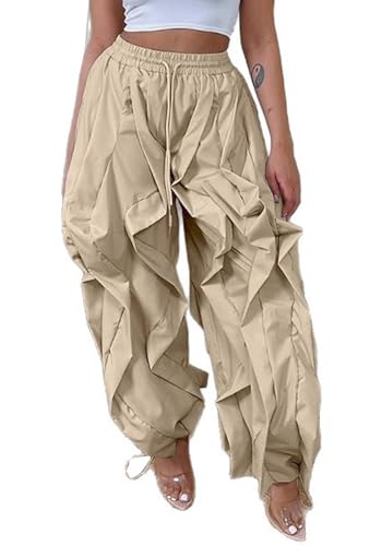 Womens Casual Baggy Pants Cargo Joggers Y2k Drawstring Waist Wide Leg Loose Ruffle Trousers