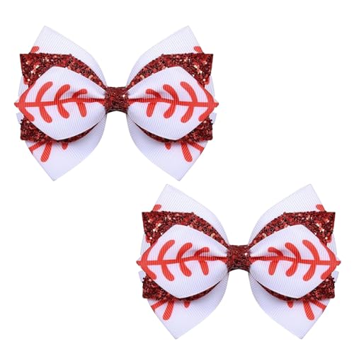 2 Pcs Sparkling Baseball Hair Clips Bow White Red Ribbon Cheer Baseball Bows with Alligator Hairpins for Women Baseball Hair Accessories Game Party Gifts
