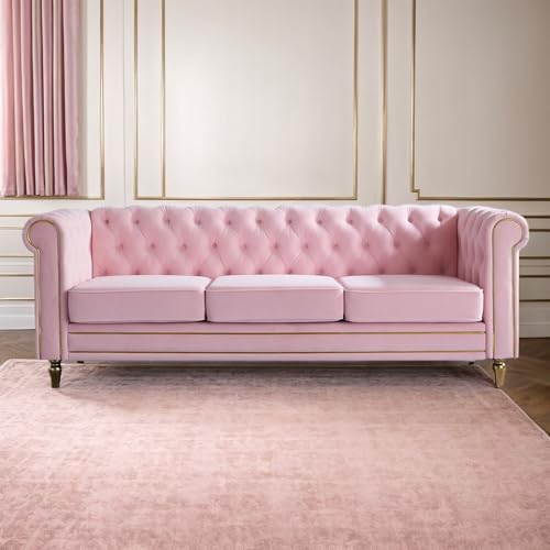 HRVEOCEI 84" Velvet Sofa with Gold Legs & Tufted Cushions
