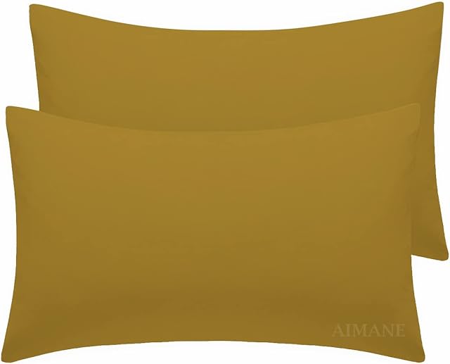 Pair of Housewife Pillowcases Plain Dyed Easy Care Percale Polycotton Bedroom Pillow Covers Soft Quality Blended Cotton (Mustard)