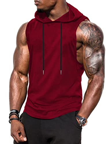 Babioboa Men's Hooded Gym Tank Tops Running Sleeveless Hoodie Workout Bodybuilding Muscle Tshirts(Wine Red XX-Large)