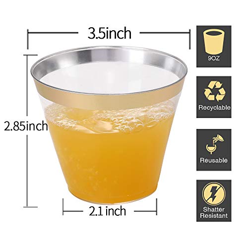 I00000 200 Pack Gold Plastic Cups, 9 Oz Elegant Clear Plastic Cups Gold Rimmed Disposable Wine Glasses Fancy Disposable Party Cups Wedding Cups Drinking Tumblers Plastic Cocktail Glasses With Gold Rim #TOP1