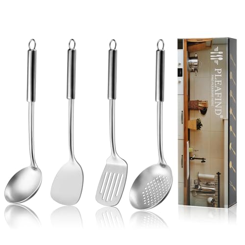 Pleafind Ustensiles de Cuisine, 4 Pièces Ustensiles de Cuisine en Acier Inoxydable, Cooking Utensils avec Louche, Écumoire, Spatule, retourneur à fentes, Passe au Lave-vaisselle