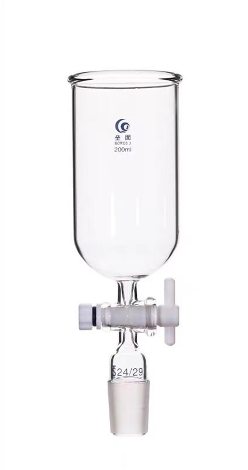 1 x transparenter zylindrischer Glas-Futtertrichter mit PTFE-Kolben, 19#24#, mattiertes Standardgelenk für Laborunterrichtswerkzeuge (200 mm Gelenk Nr. 24)