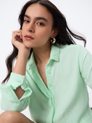 Image of The Souled Store Textured Shirt: Women and Girls Full Sleeves Spread Collar Solid Cotton Regular Fit Lightweight All-Season Shirt for Casual Wear