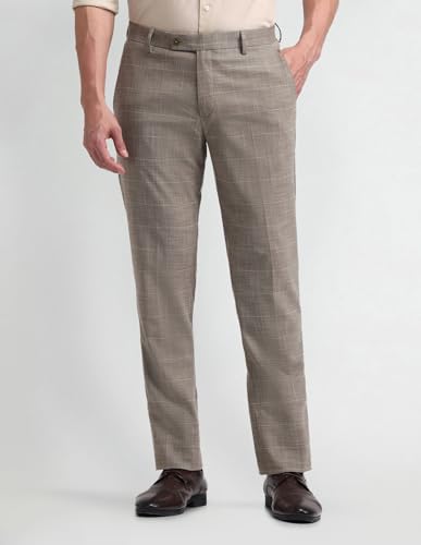 Image of Arrow Men Tapered fit Polyester CheckedMid-Rise waistTrousers